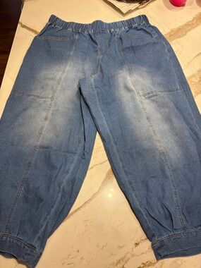 Plus Size Casual Elastic Waist Light Blue Denim Joggers